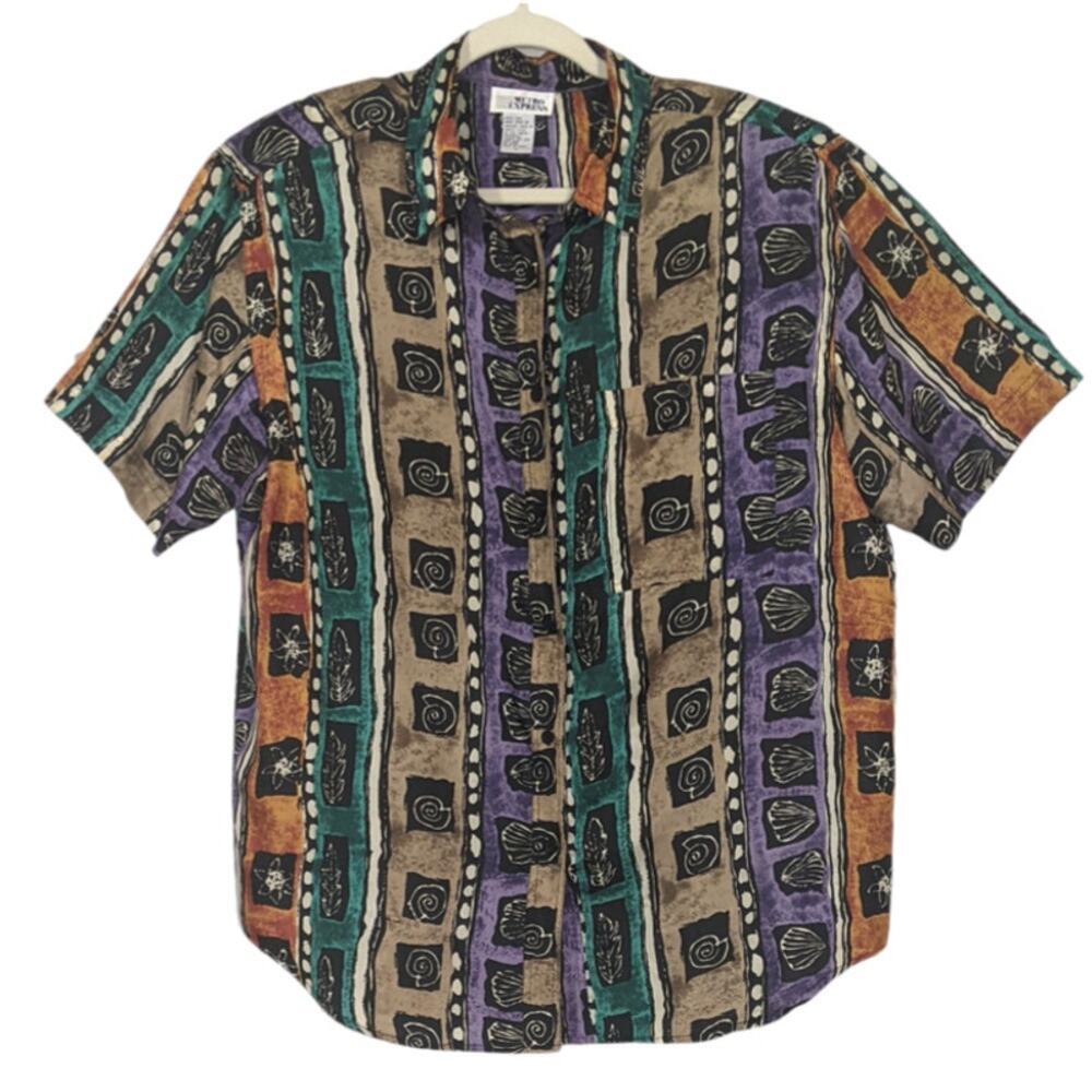 VTG 100% Silk Tropical Shell Stripped Short Sleeve Button Down Unisex L Womens